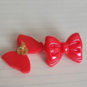 Red Bow Statement Stud Earrings - Glossy Bow Design